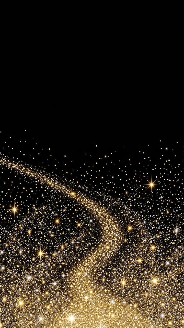 Swirling gold and silver star sparkles rise from the bottom against a solid black empty upper background