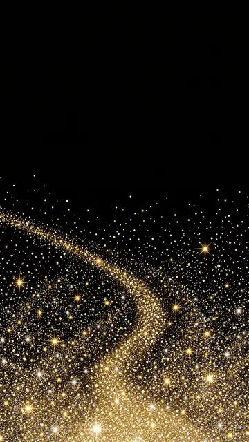Swirling gold and silver star sparkles rise from the bottom against a solid black empty upper background
