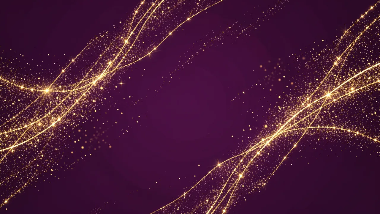 Glowing golden light streaks and sparkle dust curve across a deep plum empty central background