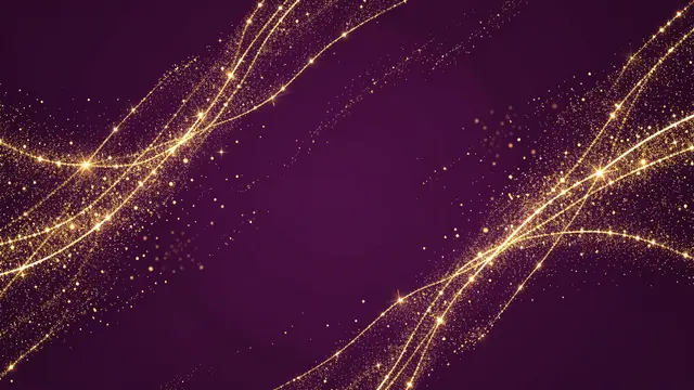 Glowing golden light streaks and sparkle dust curve across a deep plum empty central background