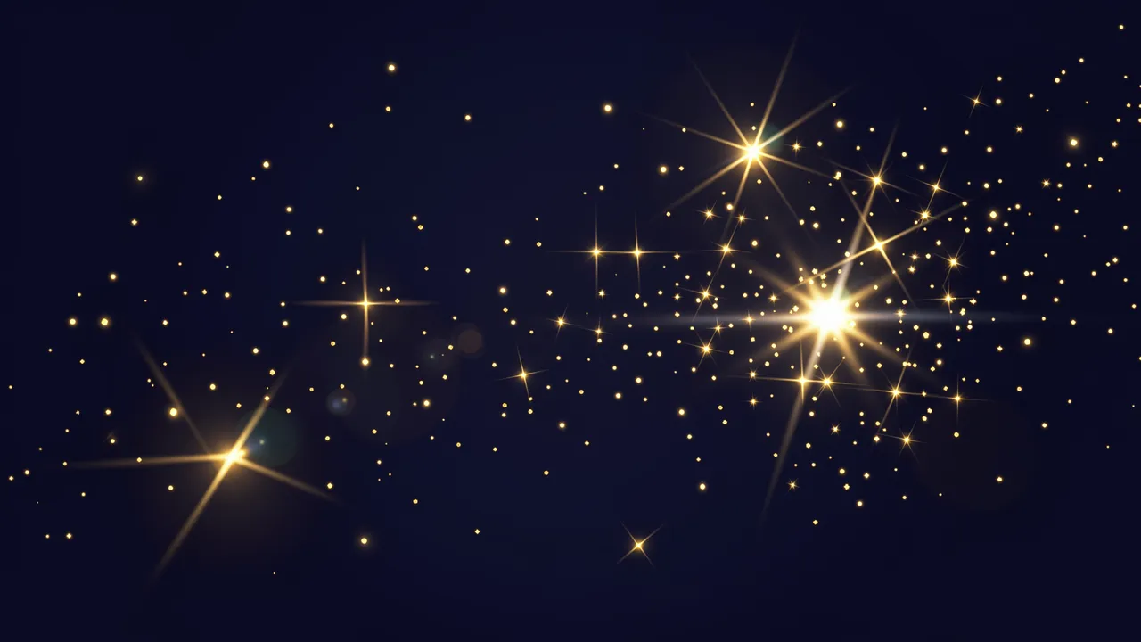 Glowing gold star sparkles and soft light flares scatter across a deep navy blue background