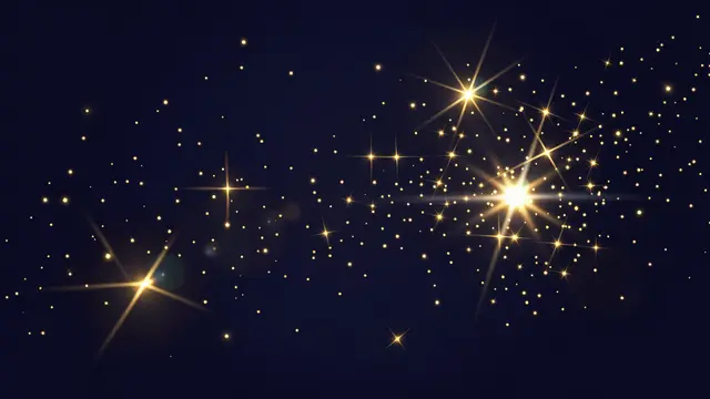 Glowing gold star sparkles and soft light flares scatter across a deep navy blue background