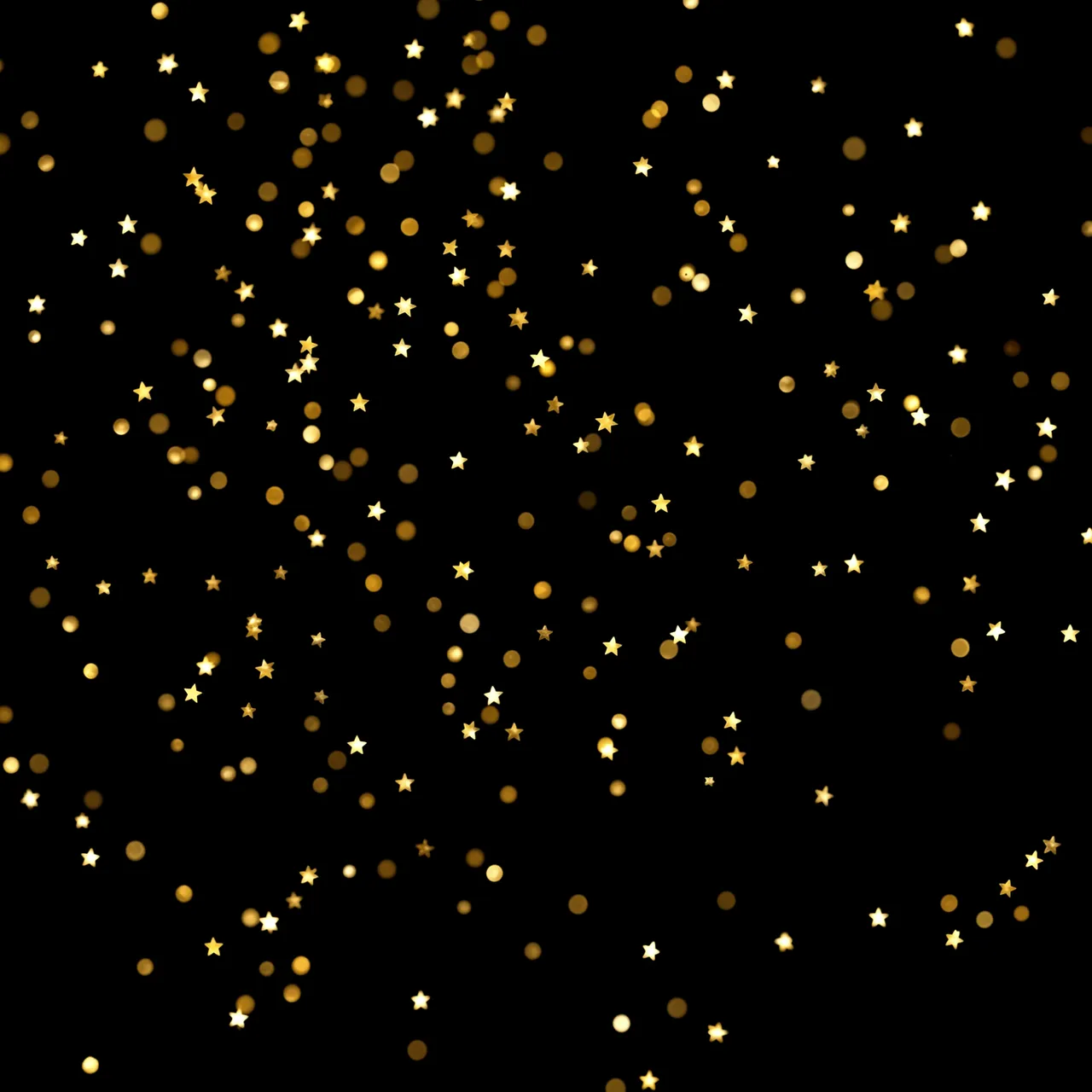 Scattered tiny glowing gold star shapes and round bokeh glints on a solid pure black background