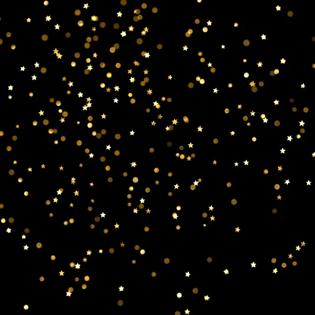 Scattered tiny glowing gold star shapes and round bokeh glints on a solid pure black background