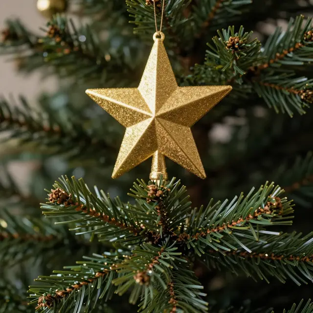 Glittery golden star ornament sits atop the branches of a green evergreen Christmas tree