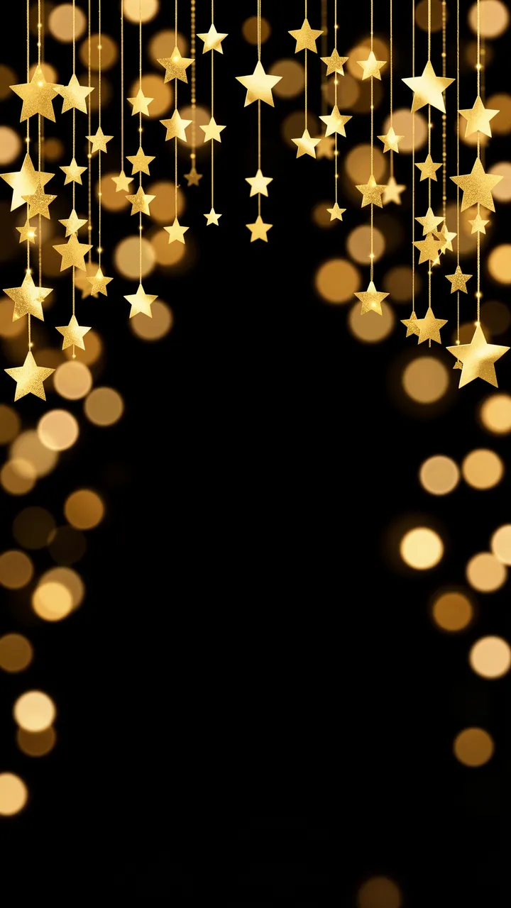 Hanging shiny gold star garlands frame empty central black space with warm golden bokeh lights