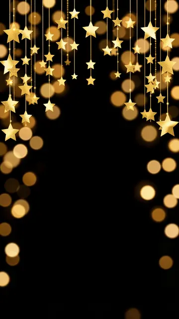 Hanging shiny gold star garlands frame empty central black space with warm golden bokeh lights