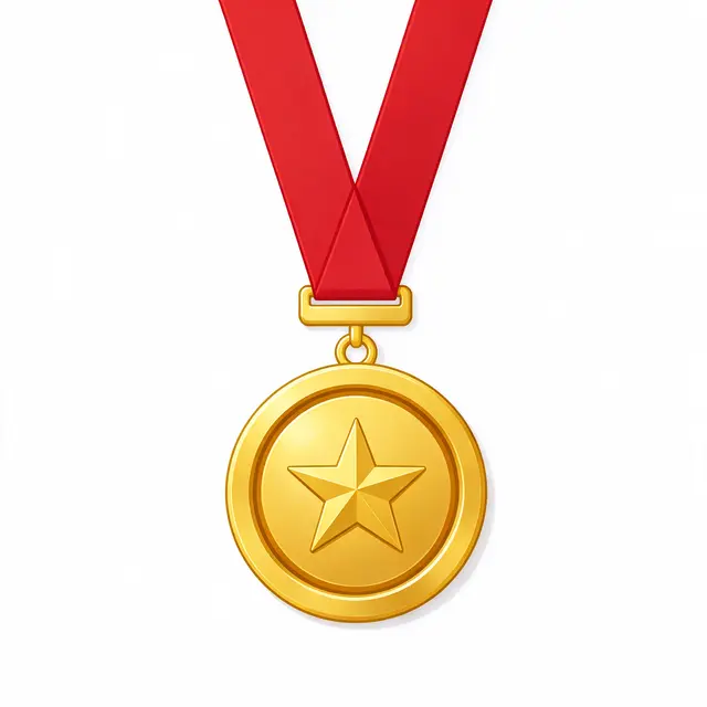 Flat illustration of a gold medal with an embossed star hanging from a red ribbon on a white background