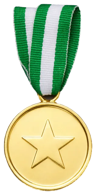 Shiny gold medal with a raised star hangs from a folded green and white striped ribbon