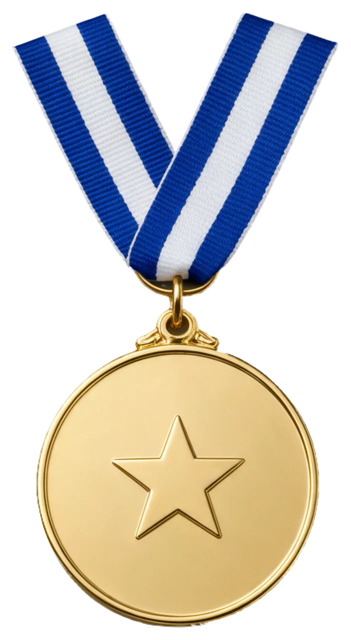 Shiny gold medal with a raised star hangs from a blue and white striped V-shaped ribbon.