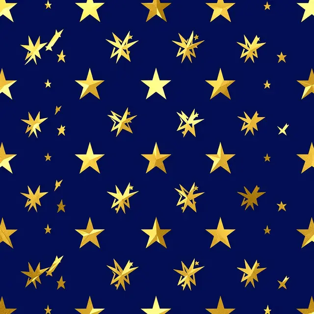 Seamless repeating pattern of varied metallic gold stars on a deep midnight blue background