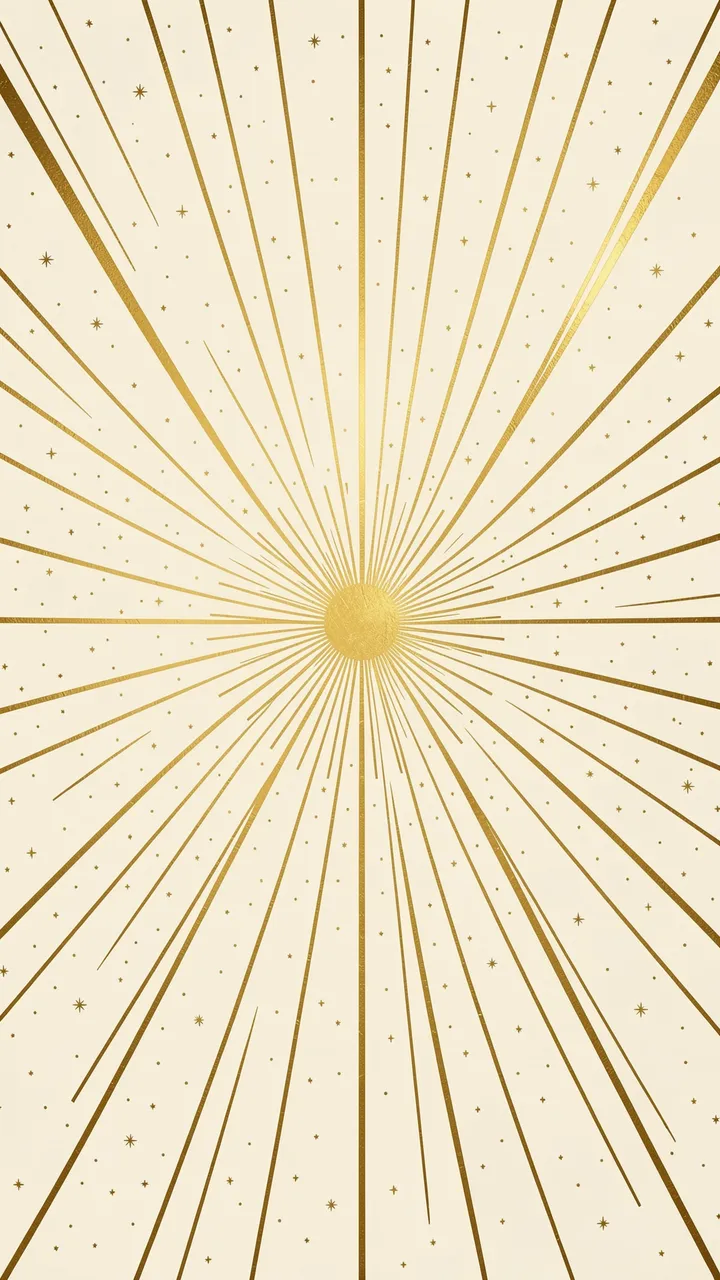 Elegant vertical gold sunburst illustration with tiny star details on a soft ivory background