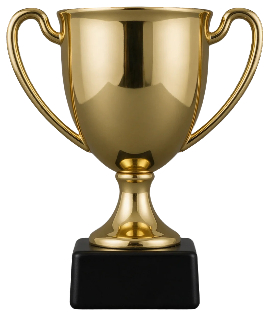 A polished gold trophy cup with two handles mounted on a black square base
