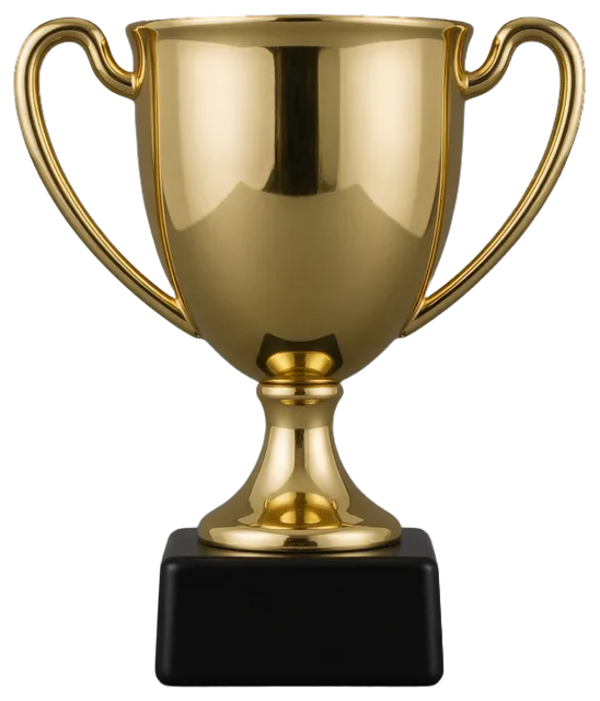 A polished gold trophy cup with two handles mounted on a black square base