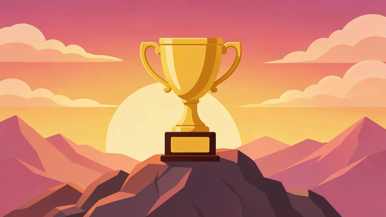 A golden trophy sits atop a rocky mountain peak against a gradient sunrise sky with distant ranges