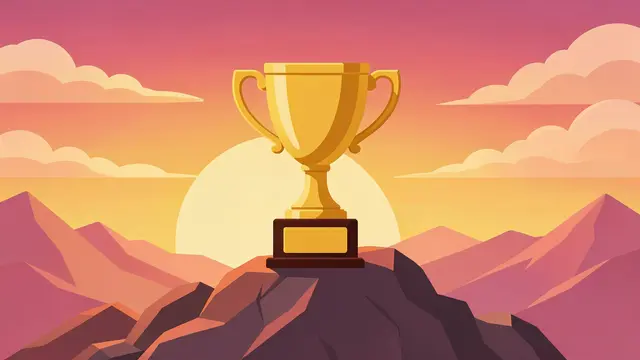 A golden trophy sits atop a rocky mountain peak against a gradient sunrise sky with distant ranges