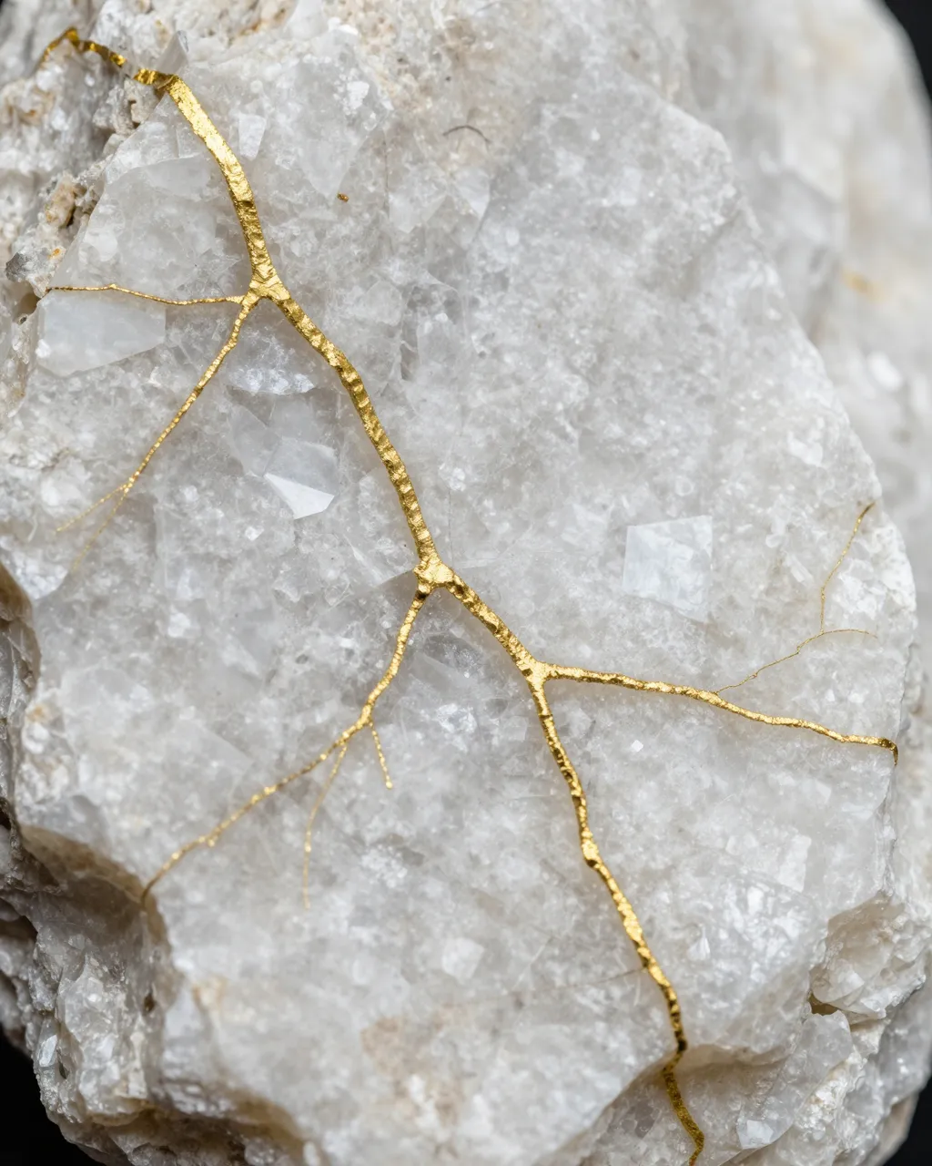 Close-up macro view of branching thin gold veins running through rough white quartz rock