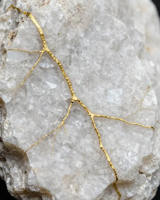 Close-up macro view of branching thin gold veins running through rough white quartz rock