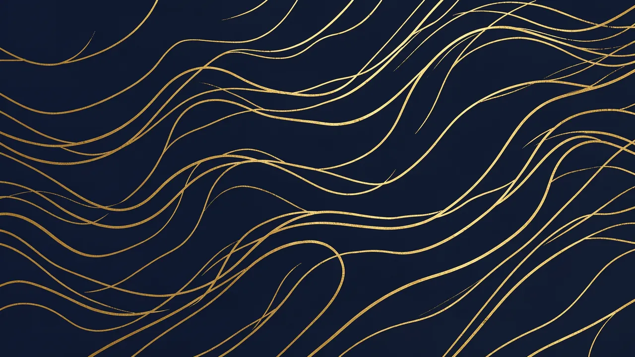 Hand-drawn fine wavy gold lines drift across a solid deep navy background
