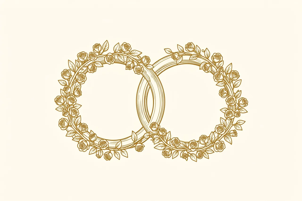 Interlocking gold line art rings wrapped in tiny rose vines on an empty ivory background