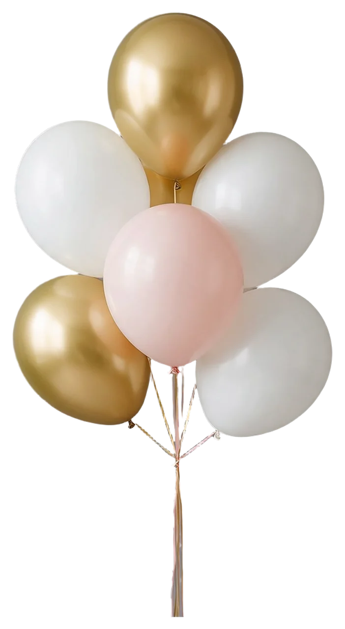 A tied bunch of shiny gold, matte white, and soft blush pink balloons with hanging strings