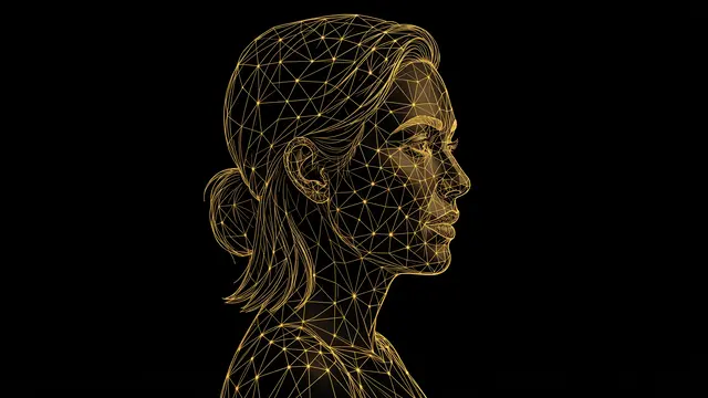 A side profile of a woman constructed from glowing golden network lines and nodes against a solid black background