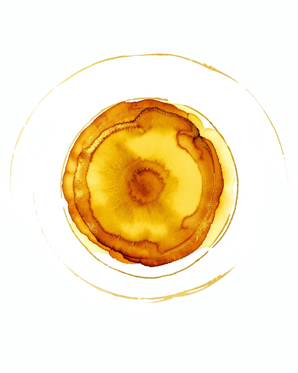 A centered circular alcohol ink bloom in golden yellow, burnt orange, and shimmering gold rings on a plain white background