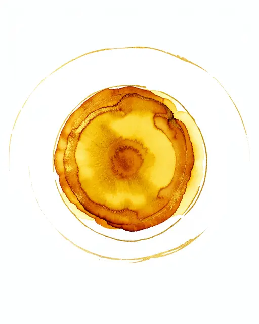 A centered circular alcohol ink bloom in golden yellow, burnt orange, and shimmering gold rings on a plain white background