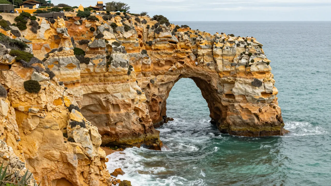 Natural sandstone sea arch eroded into golden coastal cliffs overlooking the Atlantic Ocean