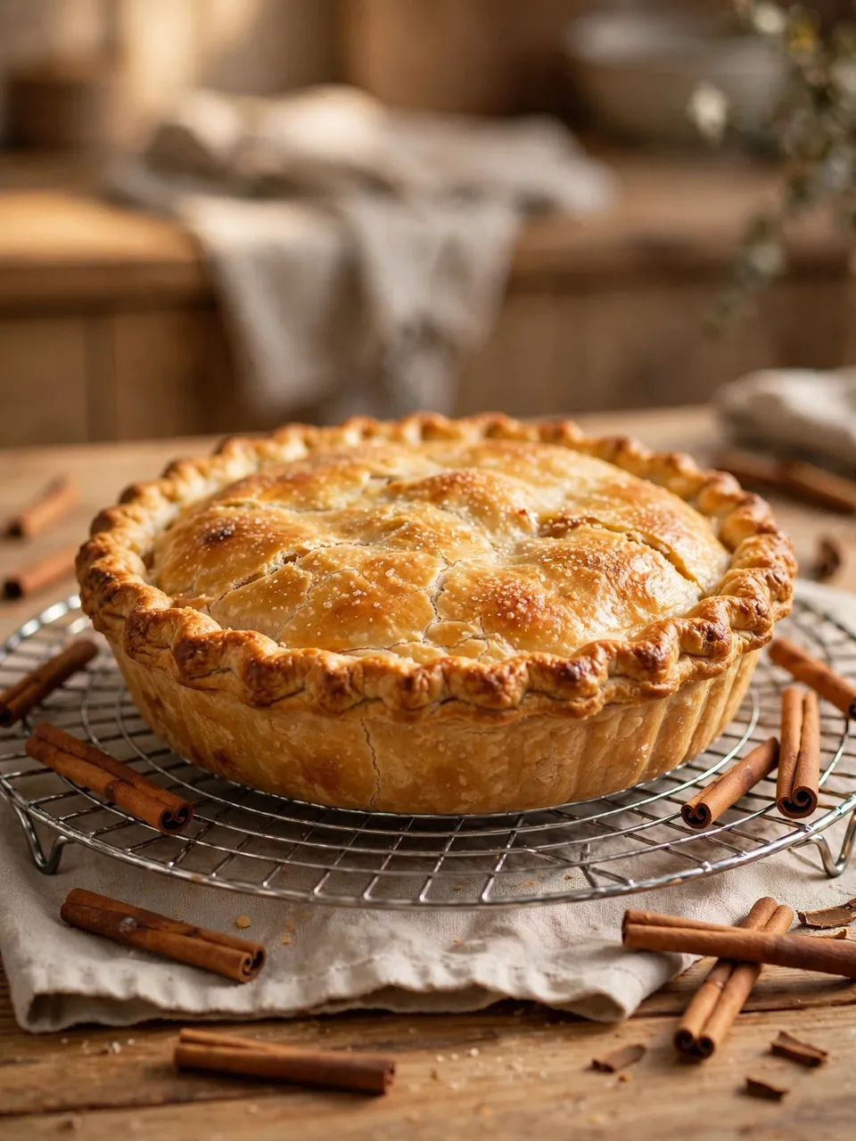 Fresh baked crimped apple pie rests on a metal cooling rack with scattered cinnamon sticks in a warm kitchen.
