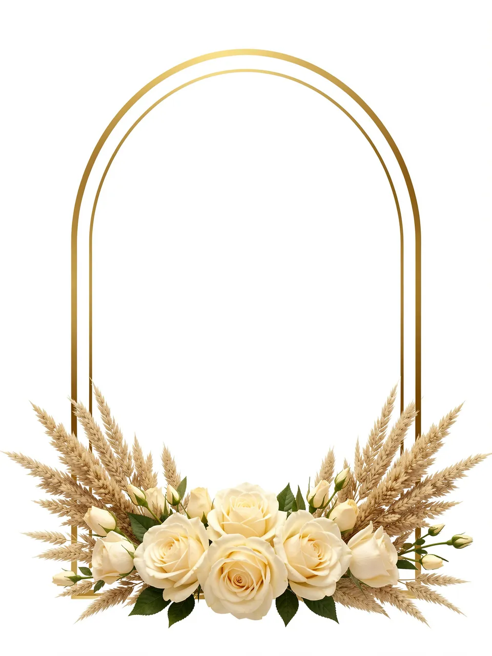 Double thin gold arch frame with cream roses and dried grass at the base, empty white center