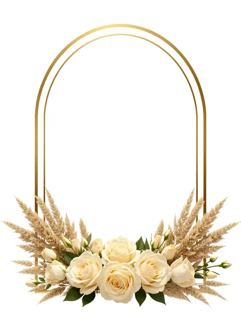 Double thin gold arch frame with cream roses and dried grass at the base, empty white center