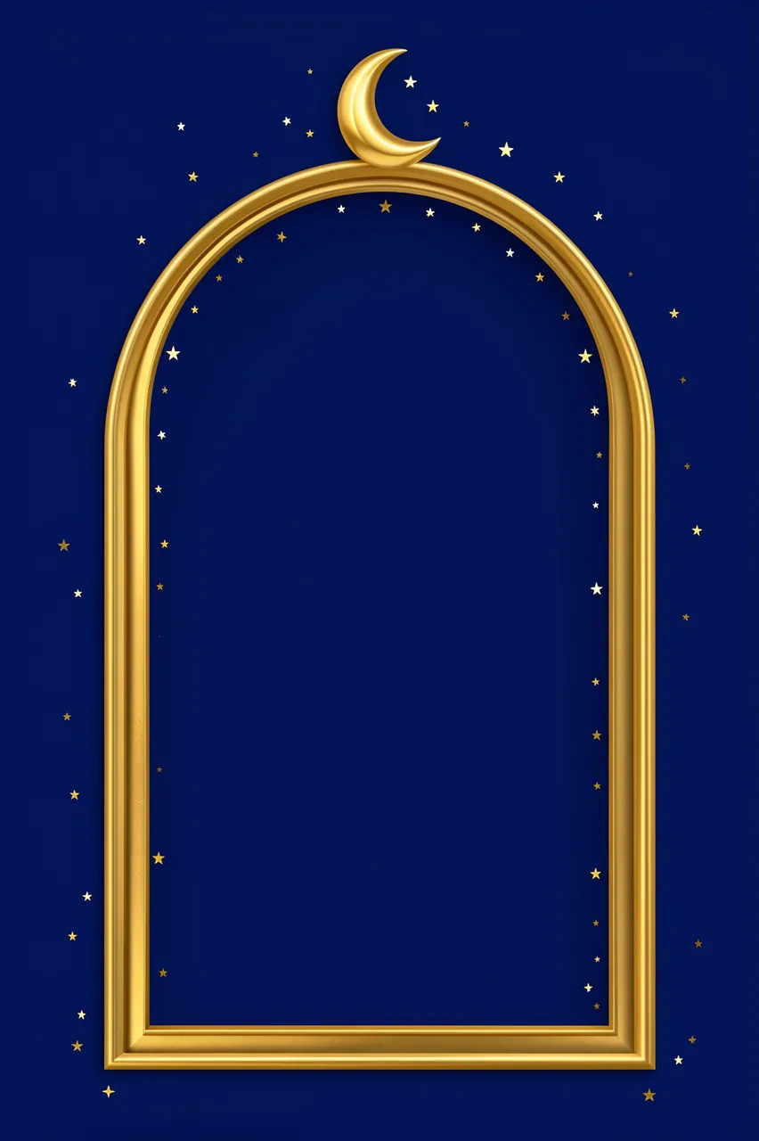 A polished golden arched frame topped with a crescent moon and scattered gold stars sits against a deep midnight blue