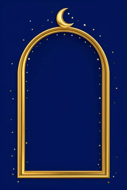 A polished golden arched frame topped with a crescent moon and scattered gold stars sits against a deep midnight blue