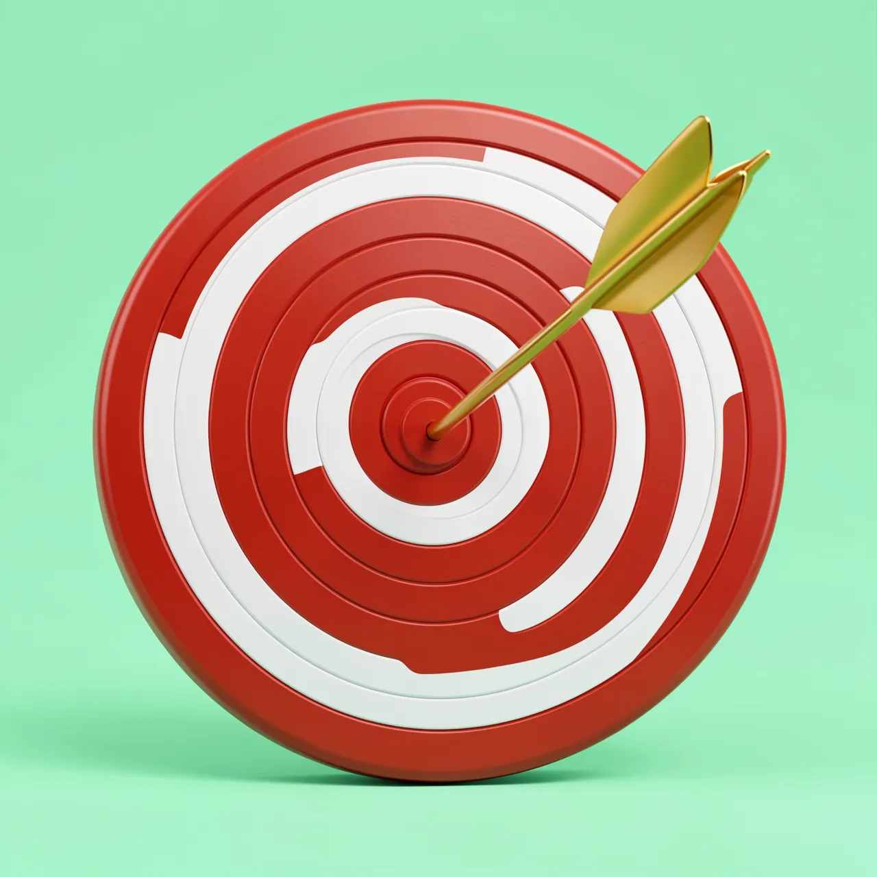 A golden arrow sits perfectly centered in a red and white archery target against a mint green background