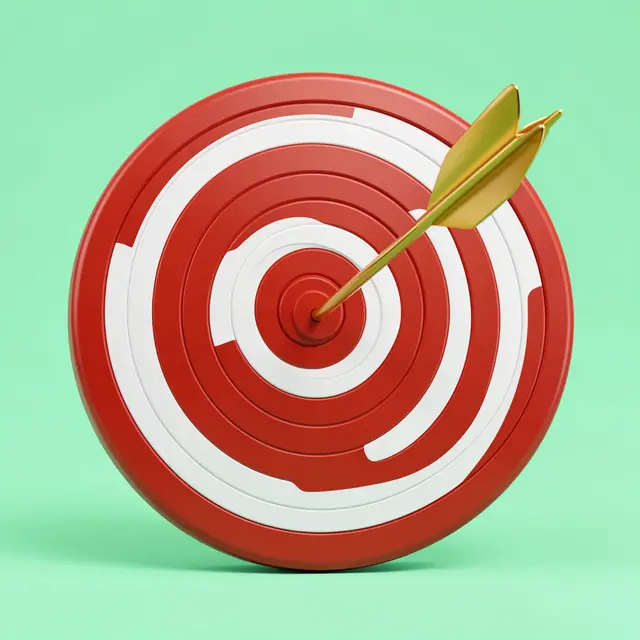 A golden arrow sits perfectly centered in a red and white archery target against a mint green background