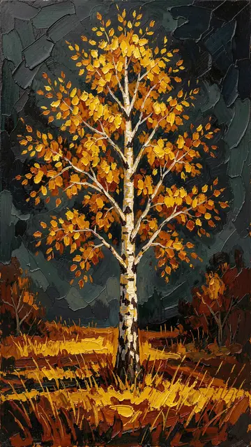 Thick impasto oil painting of a lone glowing golden birch tree against a dark moody autumn sky