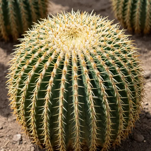 A round golden barrel cactus with sharp yellow spines sits in bright sun on sandy desert ground