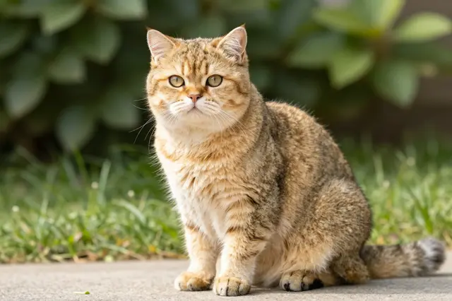 A golden British shorthair cat sits upright on a garden path looking toward the camera in bright sunlight.