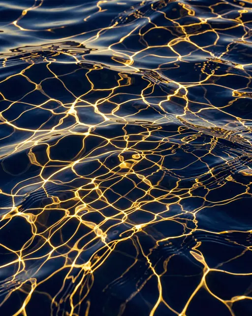 Glowing golden caustic light patterns ripple across deep dark blue water waves