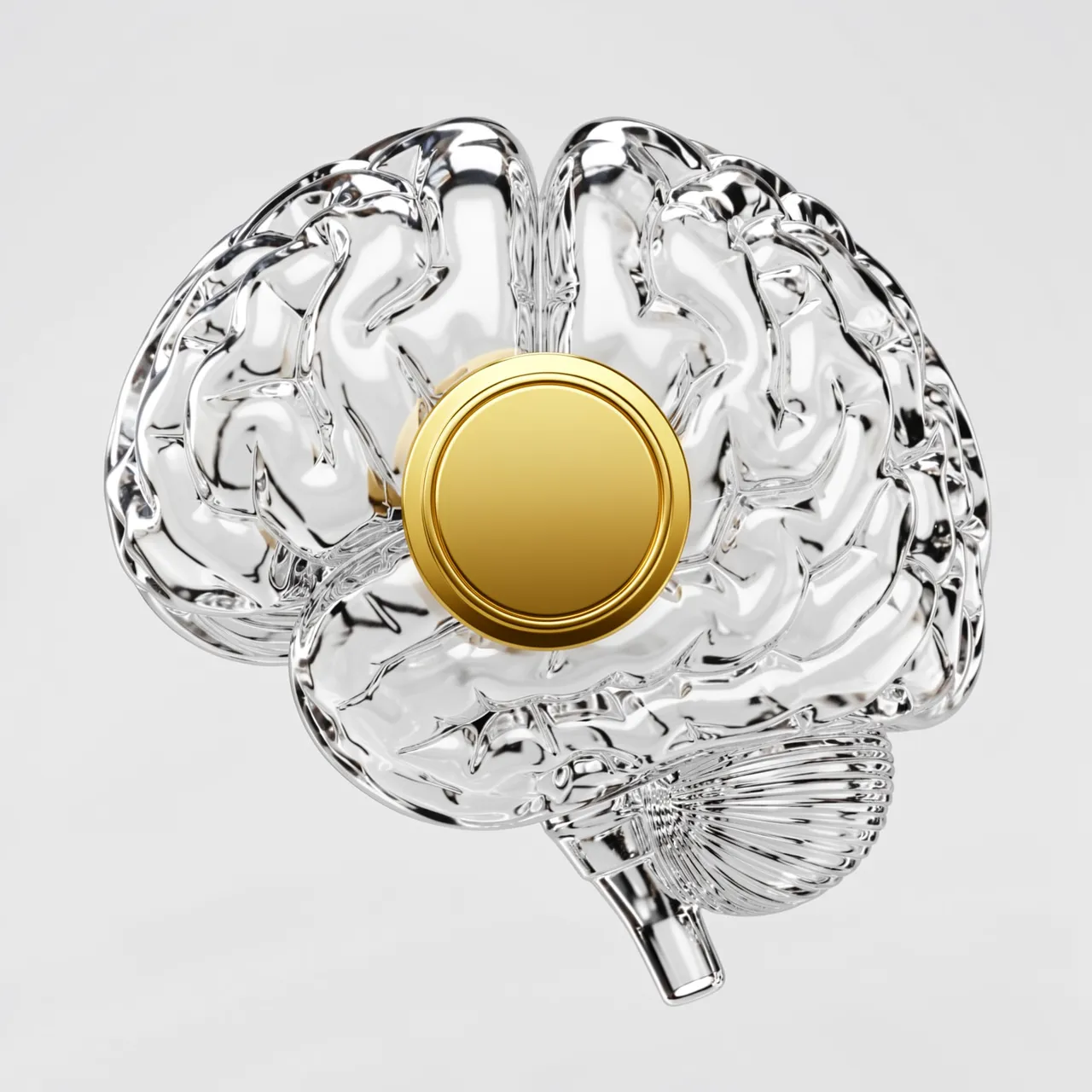 Transparent glass brain model with a blank golden circular chip set at its center against a light gray background