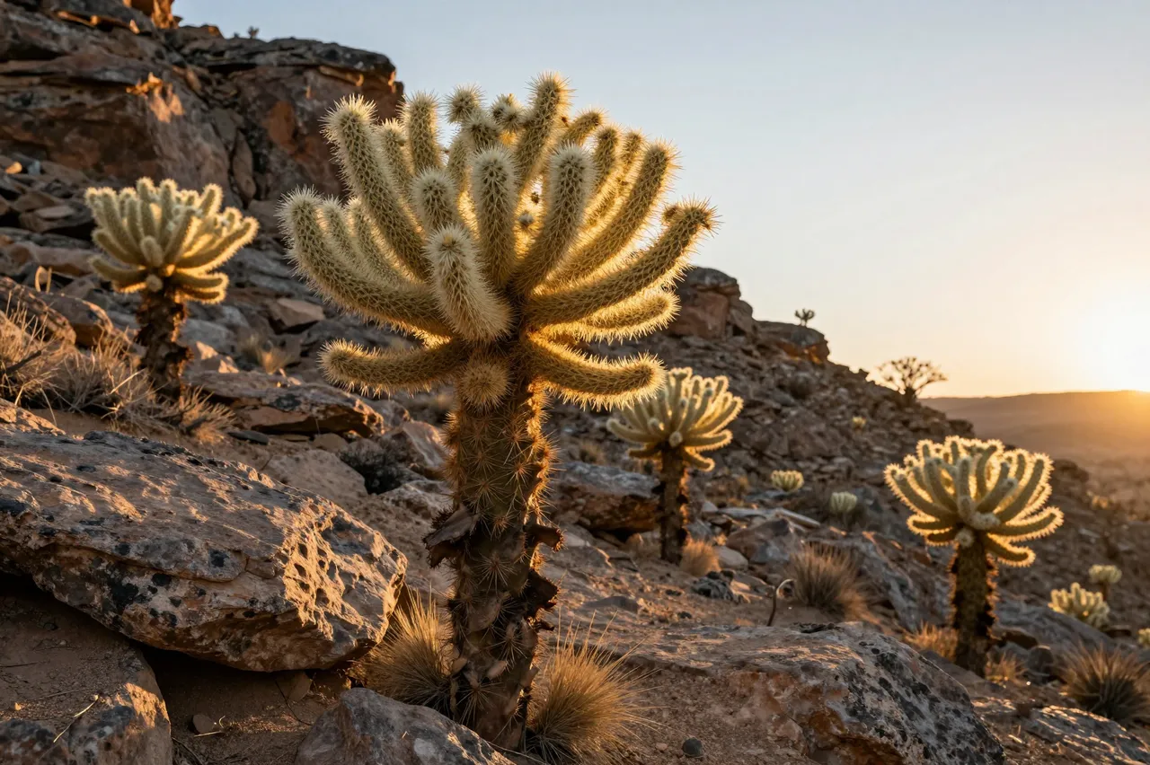 Backlit cholla cacti glow golden on a rocky desert slope at sunset
