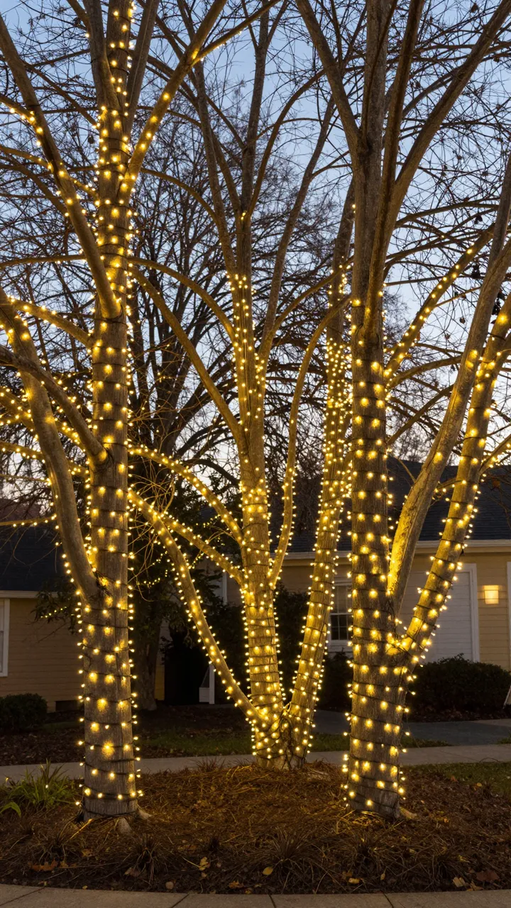 Warm golden string lights wrap around bare front yard tree trunks and branches at dusk beside a suburban home