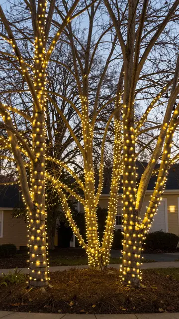 Warm golden string lights wrap around bare front yard tree trunks and branches at dusk beside a suburban home