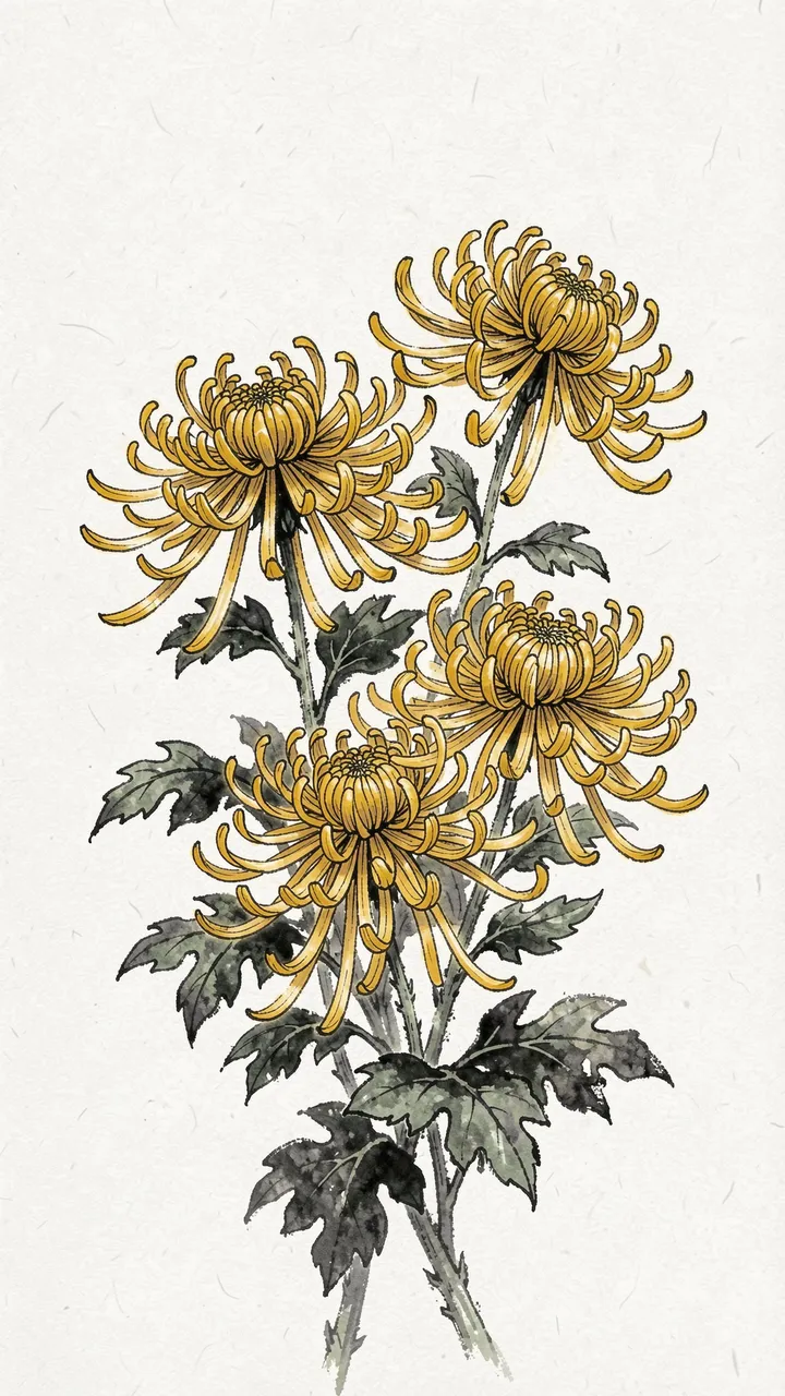 Vertical ink wash painting of golden chrysanthemum blooms on textured rice paper