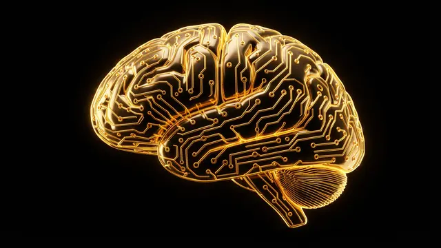 A 3D rendered brain constructed from glowing gold circuit traces floating against a solid black background