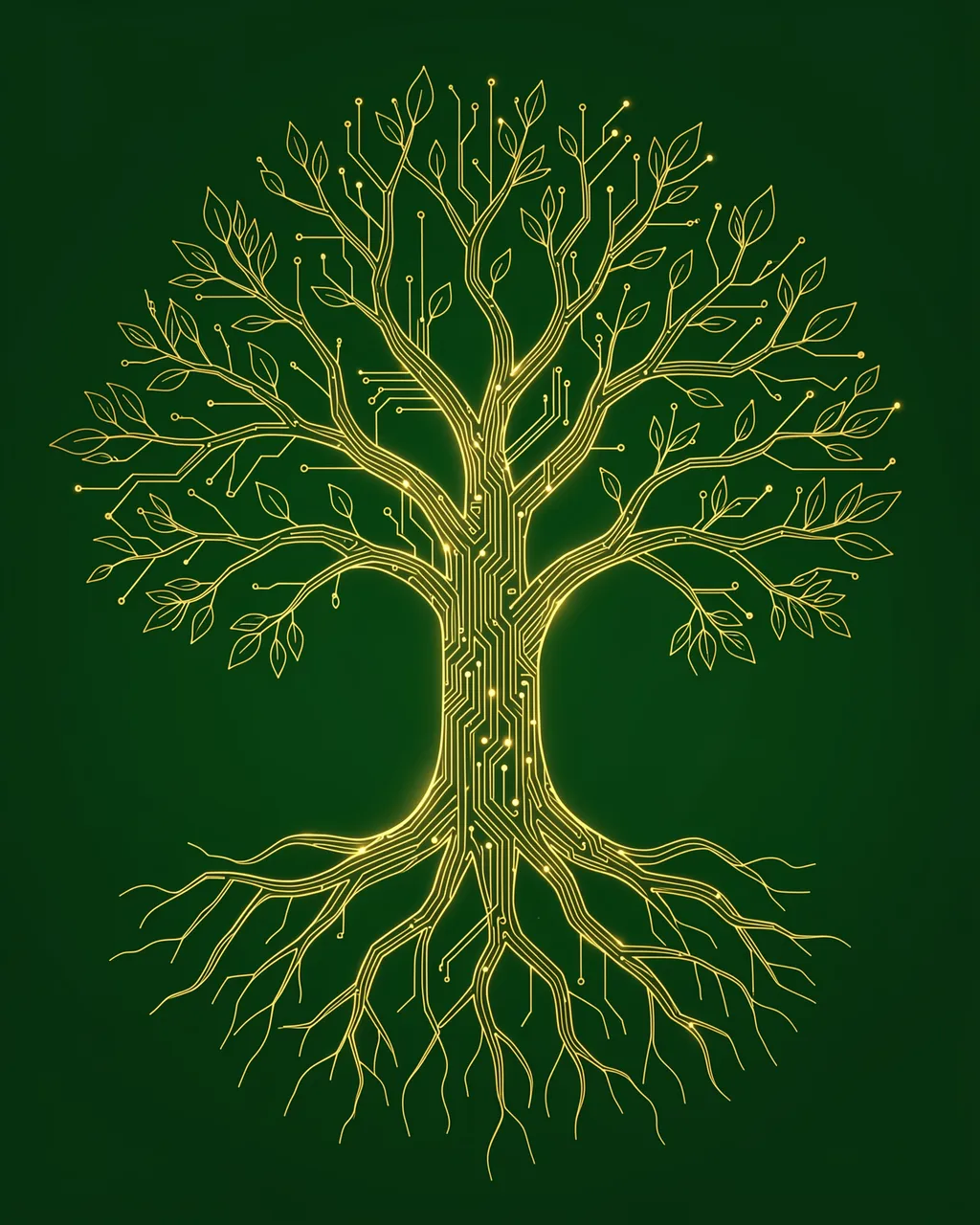 Glowing gold circuit board line art of a tree with branches, leaves and roots on a dark green background