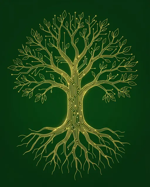 Glowing gold circuit board line art of a tree with branches, leaves and roots on a dark green background