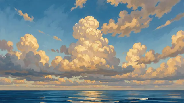 Oil painting of towering sunlit golden clouds above a calm deep blue sea with warm horizon glow