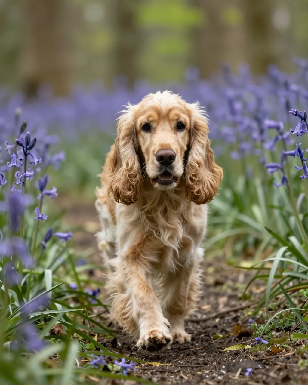 Golden English Cocker Spaniel walks toward the camera along a forest path lined with purple bluebells in spring